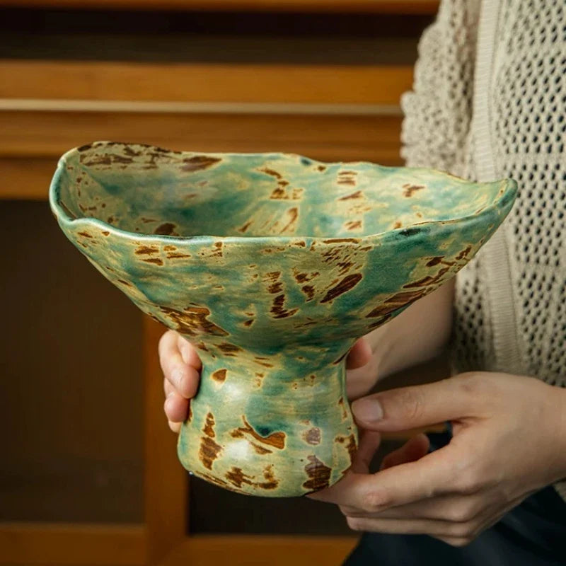Vintage Wabi-Sabi Irregular Ceramic Pedestal Fruit Bowl – Rough Pottery Display Tray Far East Finds