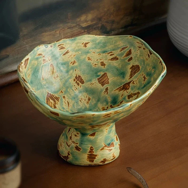 Vintage Wabi-Sabi Irregular Ceramic Pedestal Fruit Bowl – Rough Pottery Display Tray Far East Finds