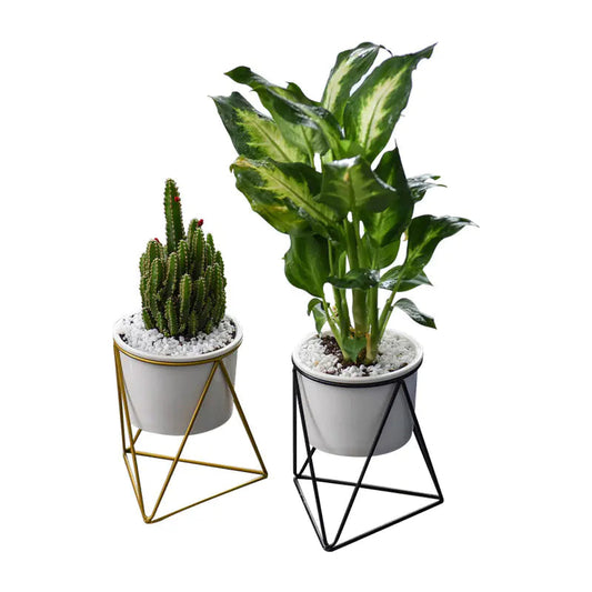 Nordic Triangle Ceramic Planter with Iron Stand Moderne Vases