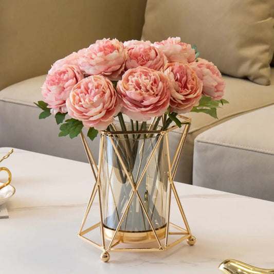 Hexagonal Iron &amp; Glass Flower Vase Moderne Vases