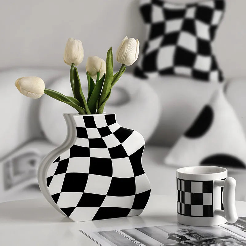Chessboard Grid Ceramic Vase Moderne Vases