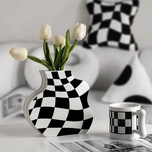Chessboard Grid Ceramic Vase Moderne Vases