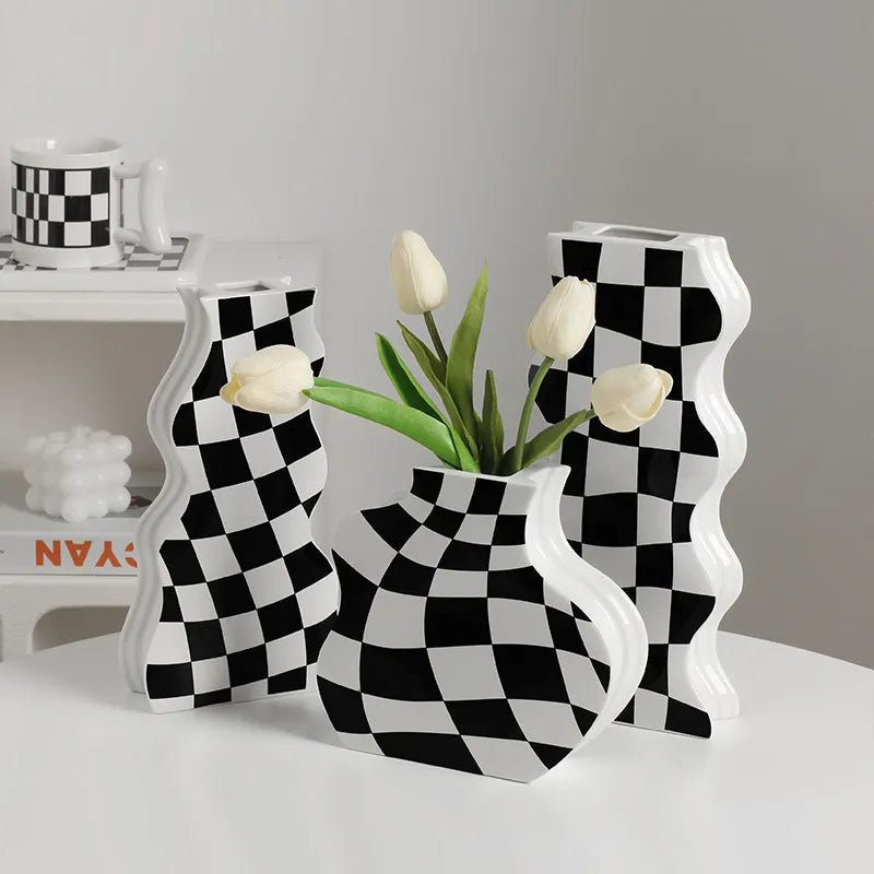 Chessboard Grid Ceramic Vase Moderne Vases