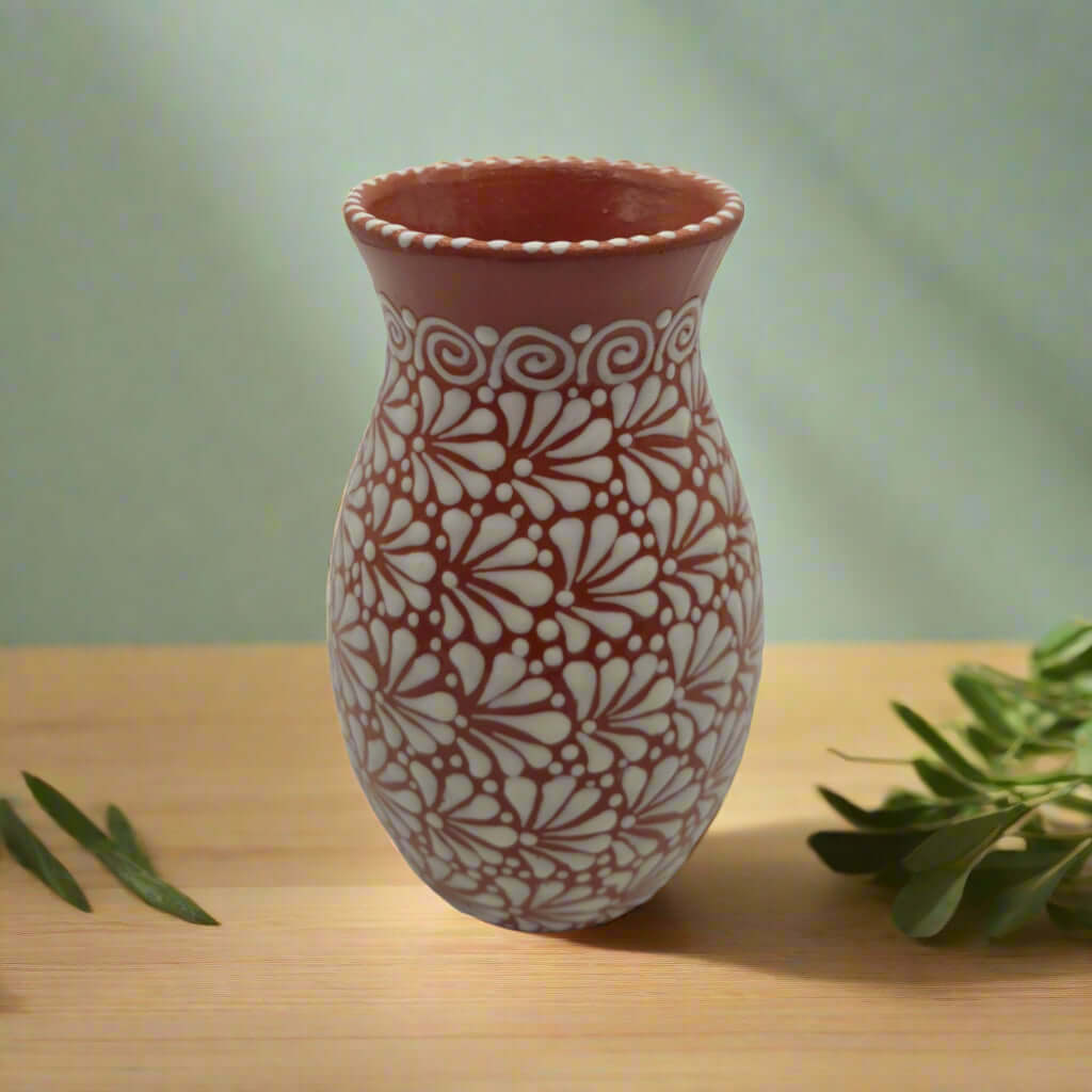Handmade Talavera Vase | Brown & White Relief Pottery The Talavera Hub