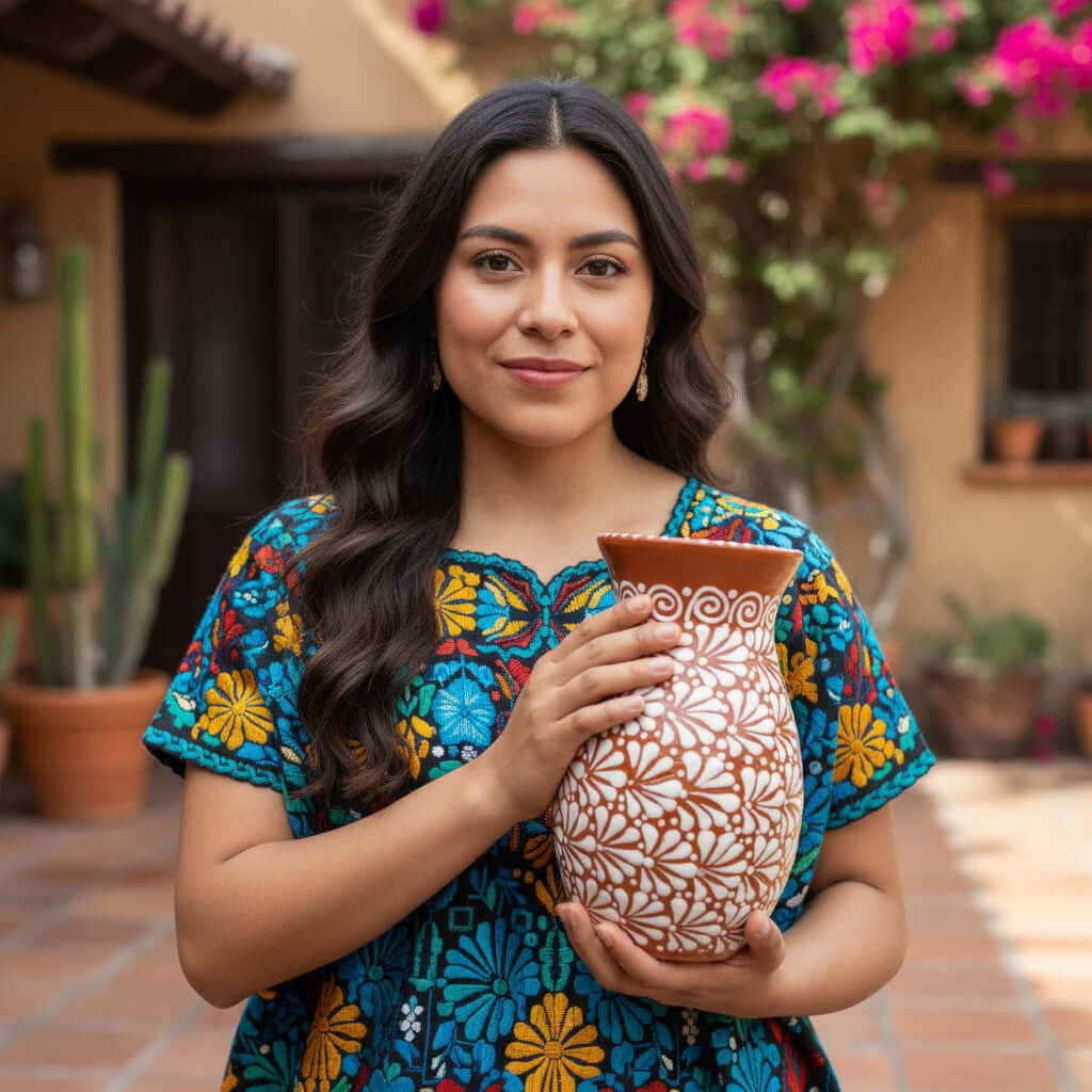 Handmade Talavera Vase | Brown & White Relief Pottery The Talavera Hub